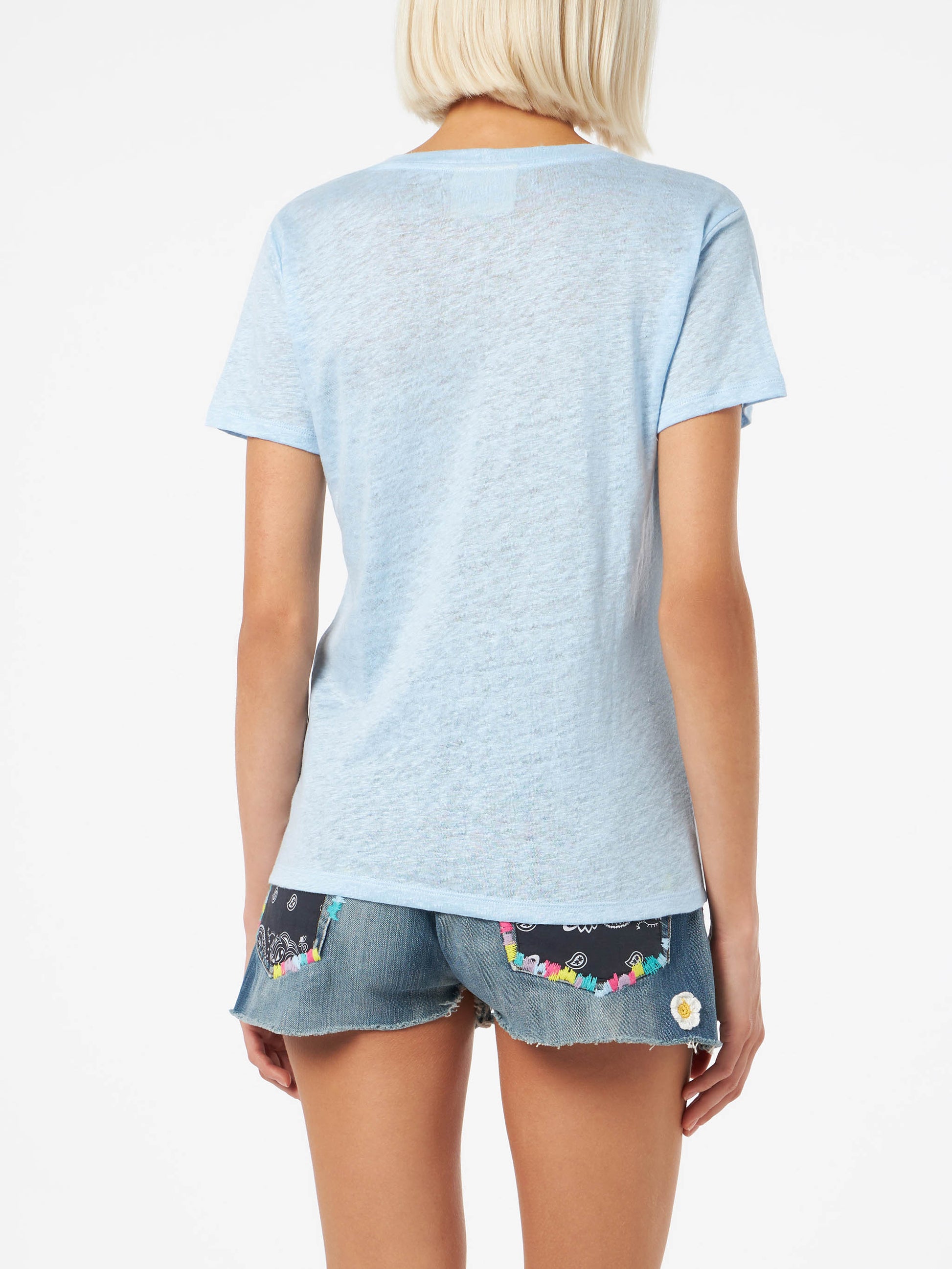 Linen jersey light blue V-neck t-shirt Eloise - MC2 Saint Barth