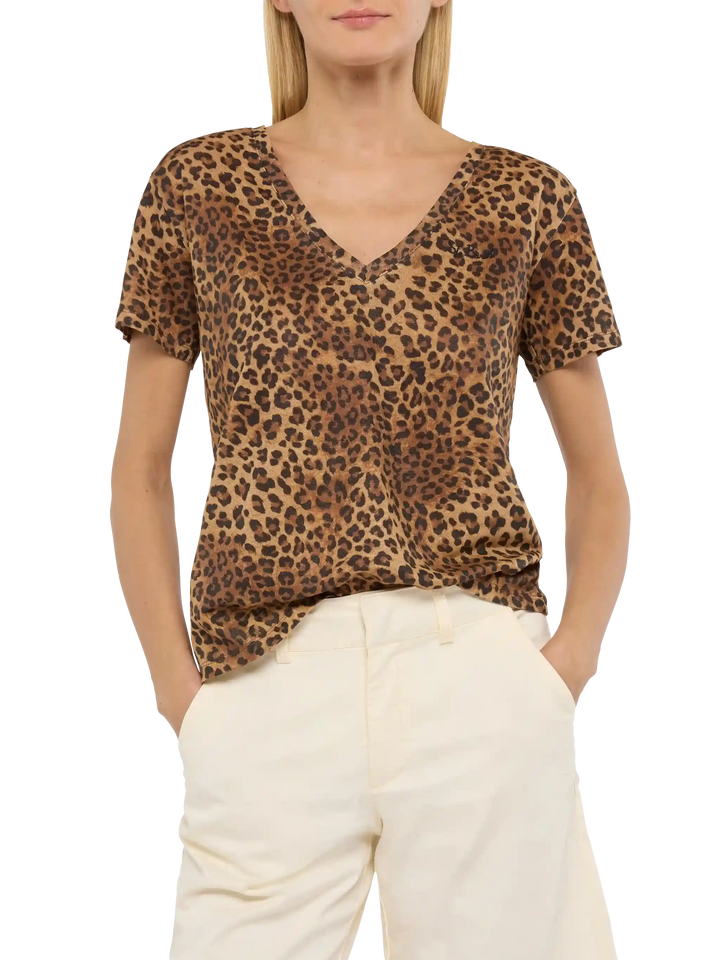 Linen jersey V-neck t-shirt Eloise with animalier print