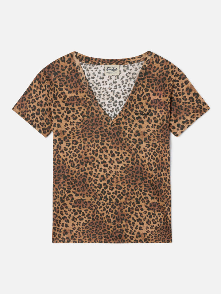 Camiseta de lino con estampado de leopardo Eloise y bordado con logo 