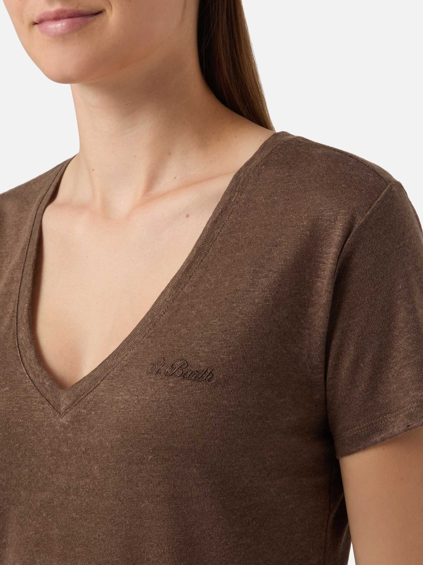 Brown linen Eloise T-shirt with embroidered logo