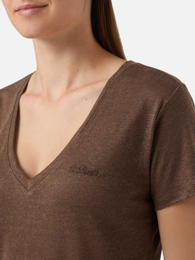 Brown linen Eloise T-shirt with embroidered logo