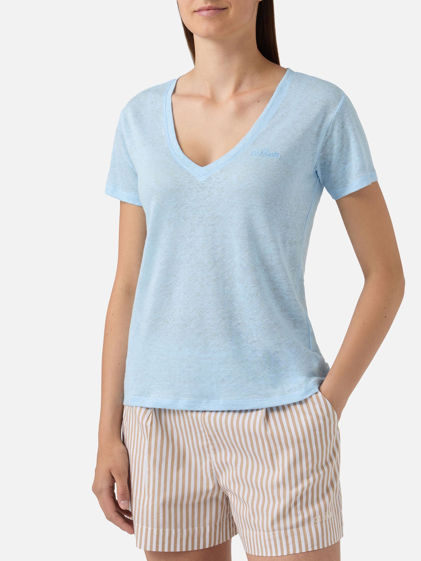 Camiseta Eloise de lino azul claro con logotipo bordado 