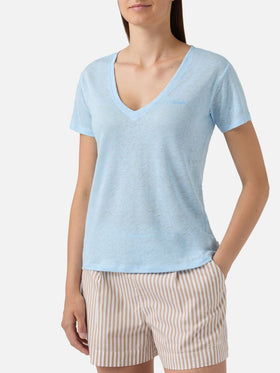 Camiseta Eloise de lino azul claro con logotipo bordado 