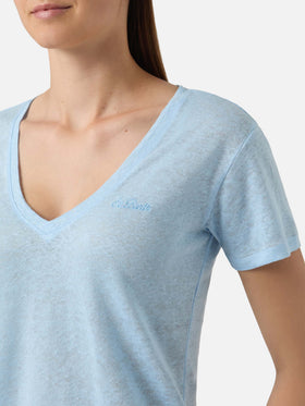 Camiseta Eloise de lino azul claro con logotipo bordado 