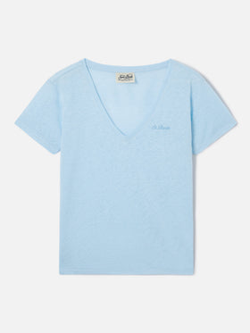Camiseta Eloise de lino azul claro con logotipo bordado 