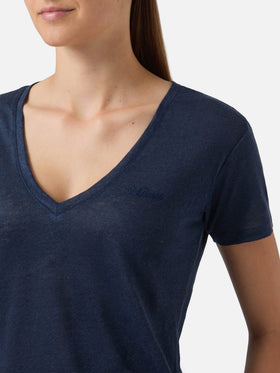 Blue linen Eloise T-shirt with embroidered logo