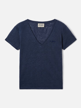 Blue linen Eloise T-shirt with embroidered logo
