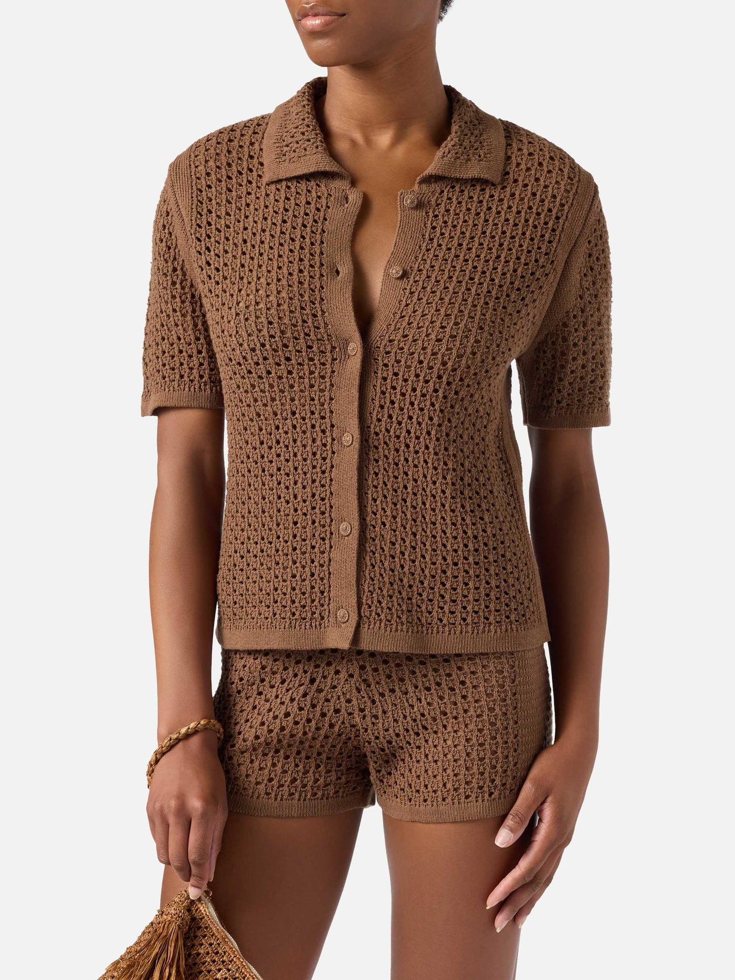 Cardigan Elowen marron en crochet 