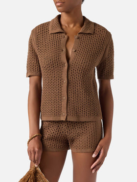 Cardigan Elowen marron en crochet 