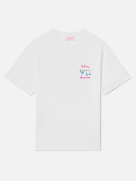White Emilie T-shirt with Bikini Obsession embroidery and rhinestones