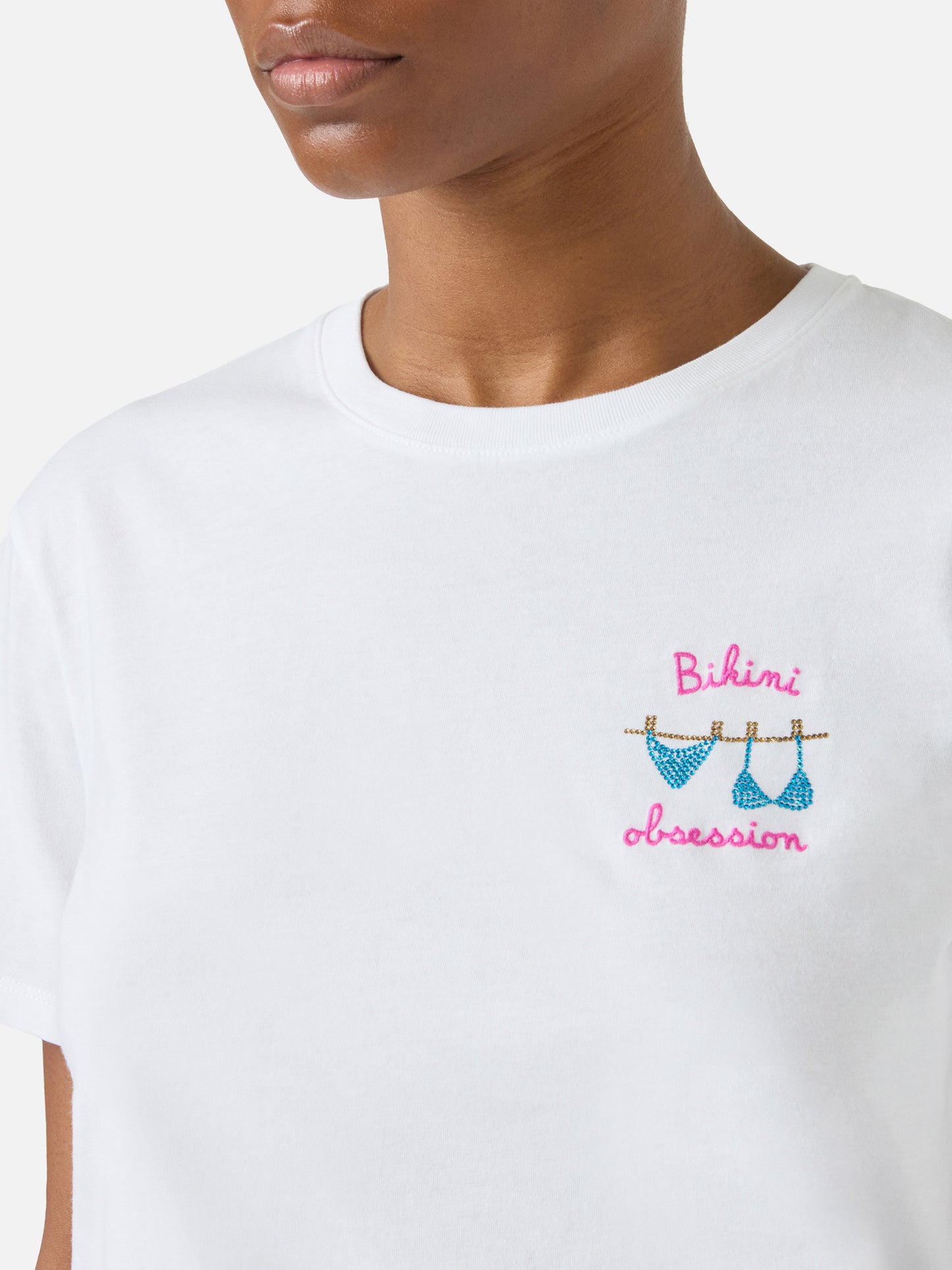 White Emilie T-shirt with Bikini Obsession embroidery and rhinestones