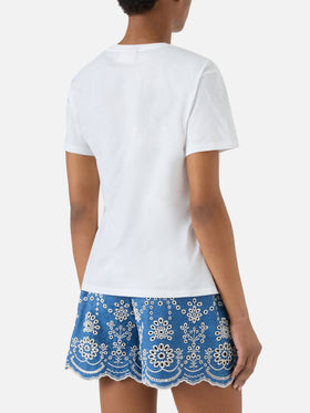 White Emilie T-shirt with Bikini Obsession embroidery and rhinestones