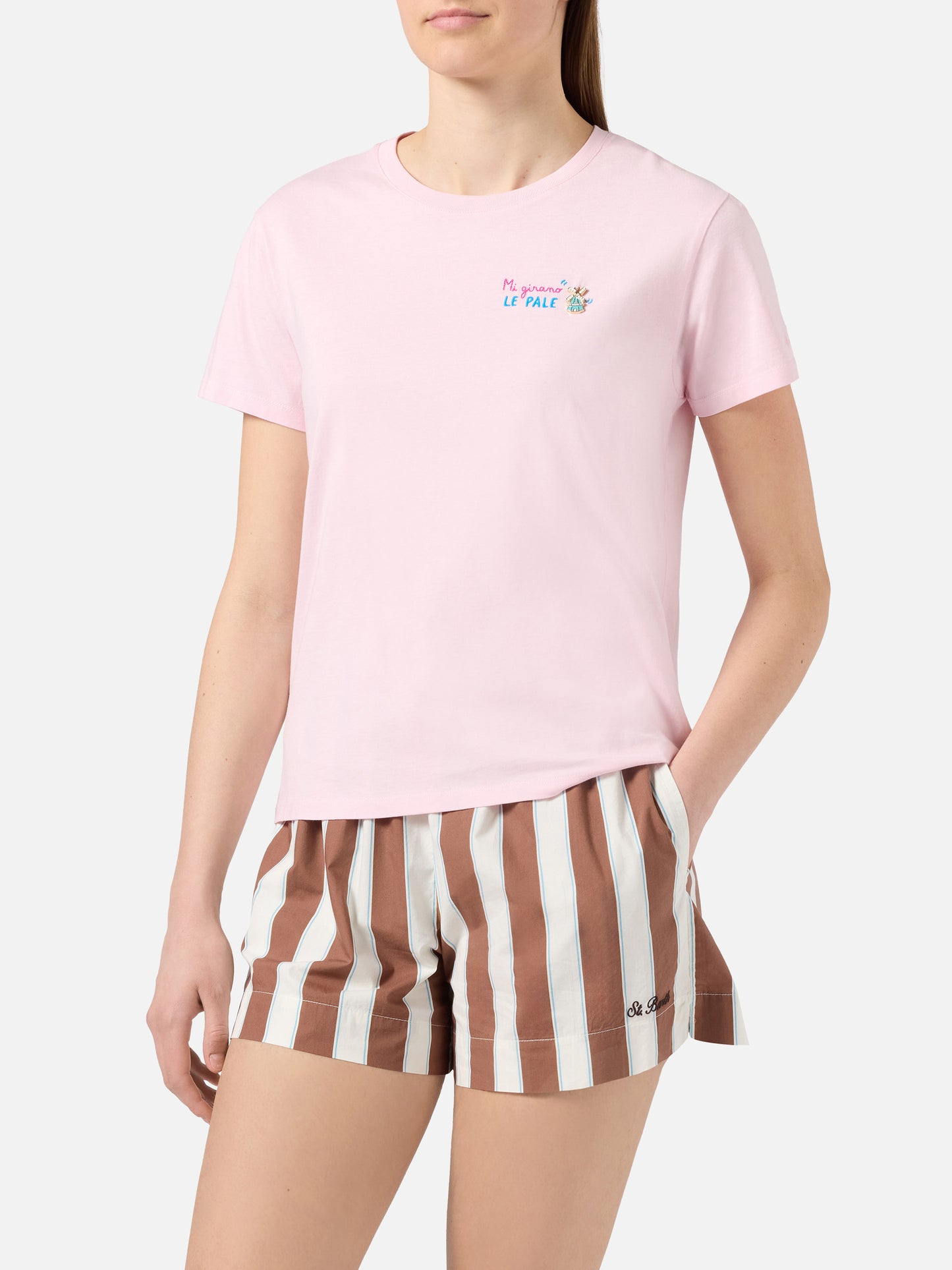 T-shirt Emilie rose avec broderie Mi girano le pale 