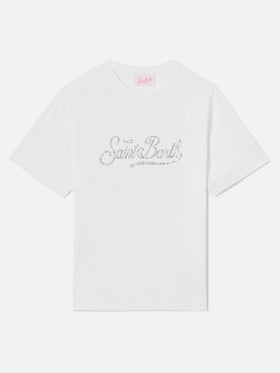 T-shirt Emilie bianca con logo in strass