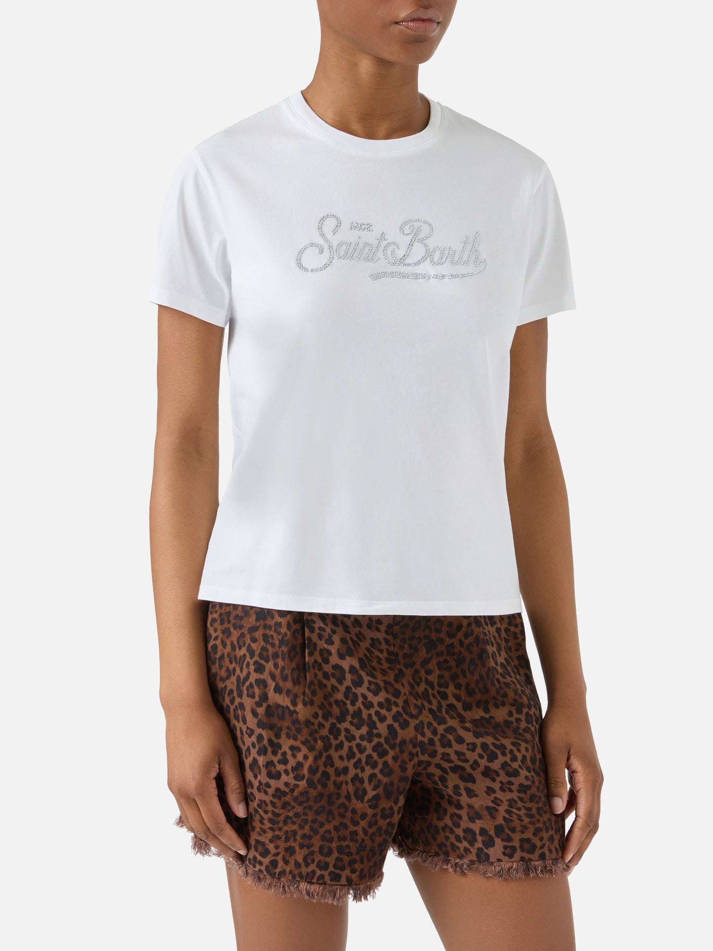 T-shirt Emilie bianca con logo in strass