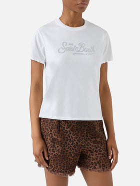 T-shirt Emilie bianca con logo in strass