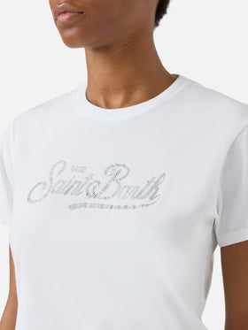 T-shirt Emilie bianca con logo in strass