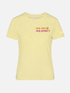 Emilie yellow cotton T-shirt with 50% Sole 50% Amore embroidery