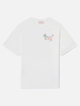 Camiseta Emilie blanca con bordado Sea You in St. Barth y strass 
