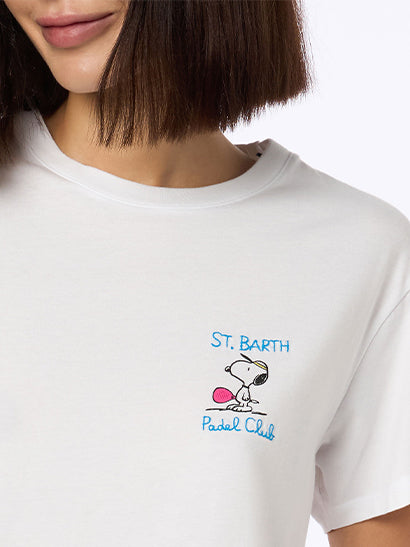 Woman pink cotton jersey crewneck t-shirt Emilie with Snoopy St. Barth Padel Club embroidery | SNOOPY PEANUTS SPECIAL EDITION - MC2 Saint Barth