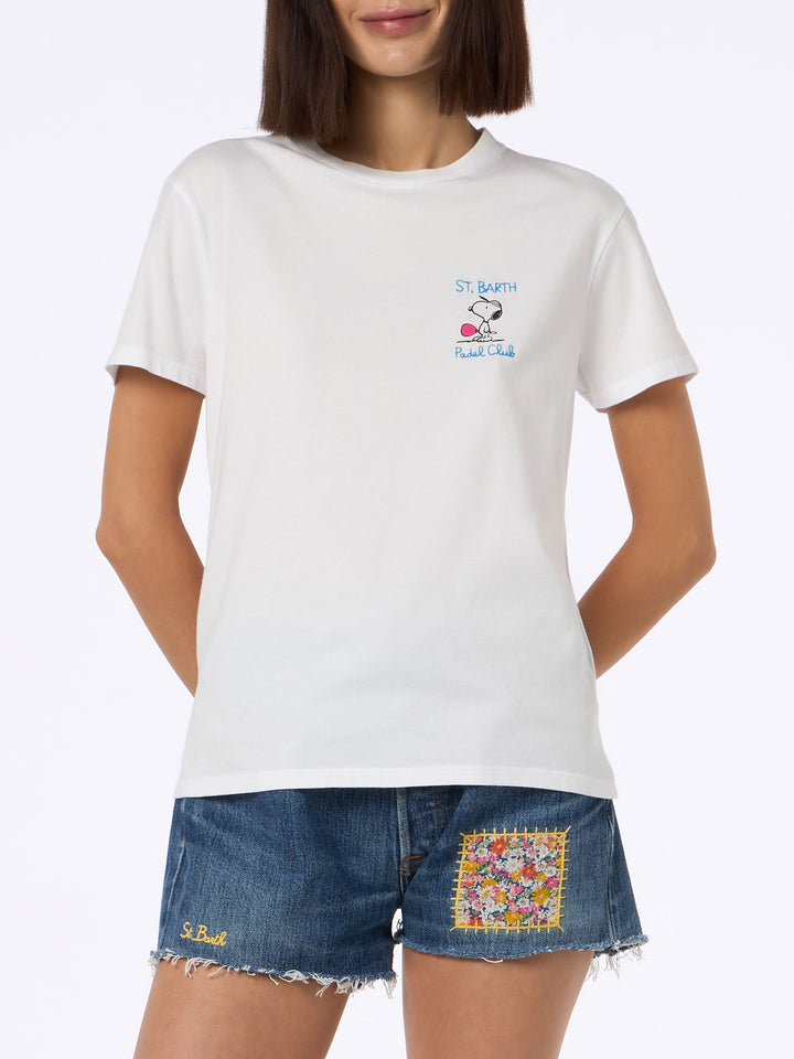 Woman pink cotton jersey crewneck t-shirt Emilie with Snoopy St. Barth Padel Club embroidery | SNOOPY PEANUTS SPECIAL EDITION - MC2 Saint Barth