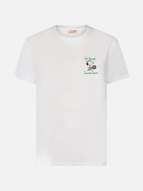 Woman pink cotton jersey crewneck t-shirt Emilie with Snoopy St. Barth Tennis Team embroidery | SNOOPY PEANUTS SPECIAL EDITION - MC2 Saint Barth