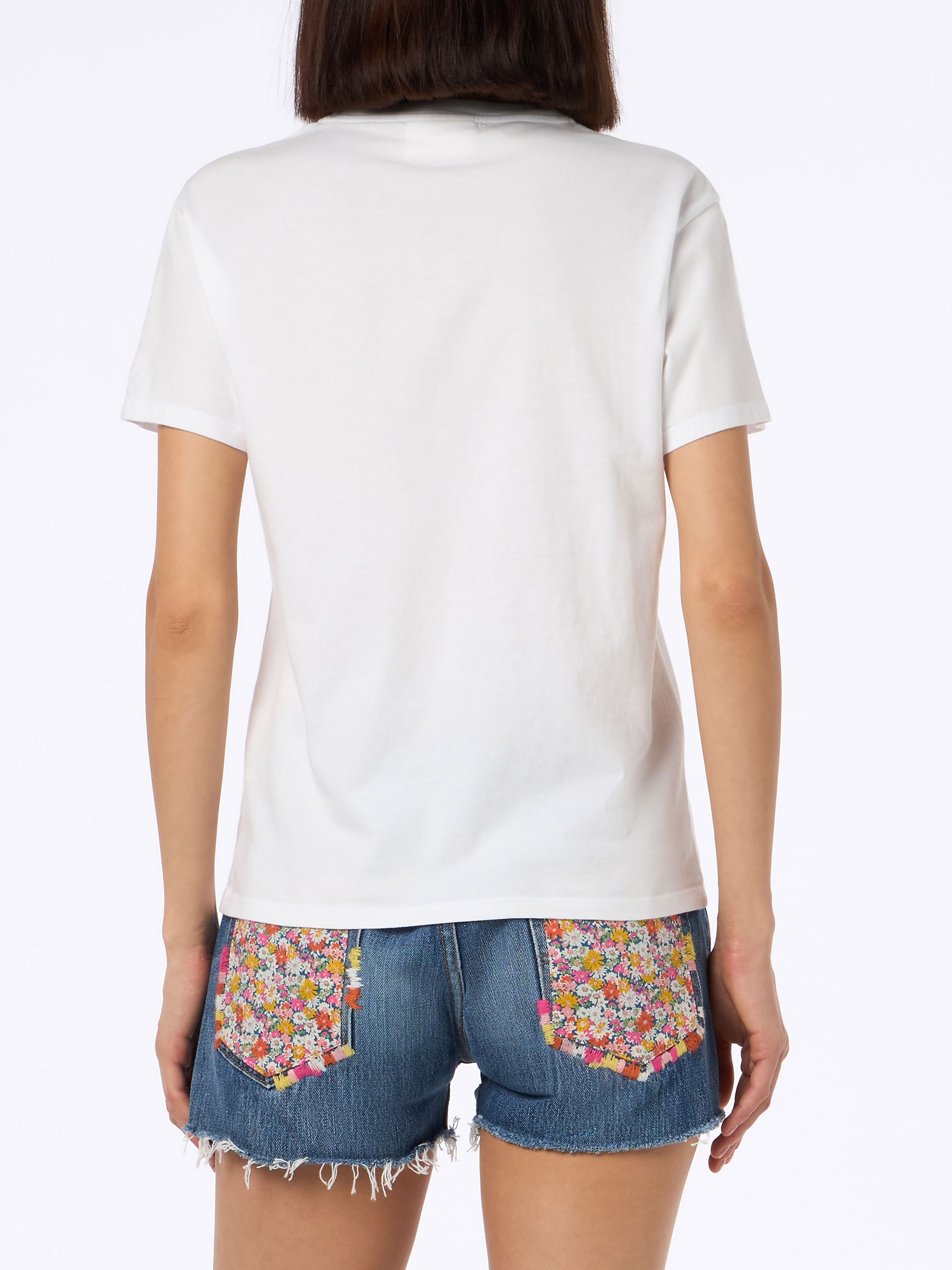 Woman pink cotton jersey crewneck t-shirt Emilie with Snoopy St. Barth Tennis Team embroidery | SNOOPY PEANUTS SPECIAL EDITION - MC2 Saint Barth