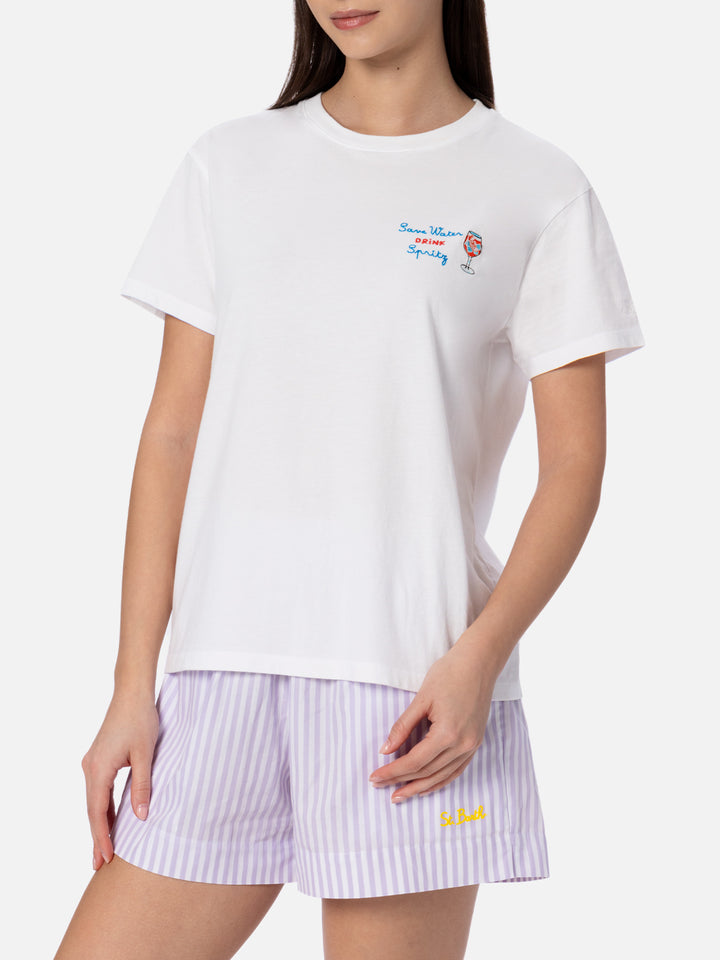 Woman cotton jersey crewneck t-shirt Emilie with Save water, Drink spritz embroidery - MC2 Saint Barth