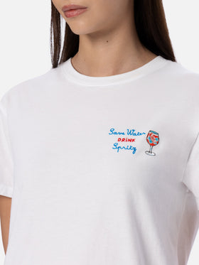 Woman cotton jersey crewneck t-shirt Emilie with Save water, Drink spritz embroidery - MC2 Saint Barth