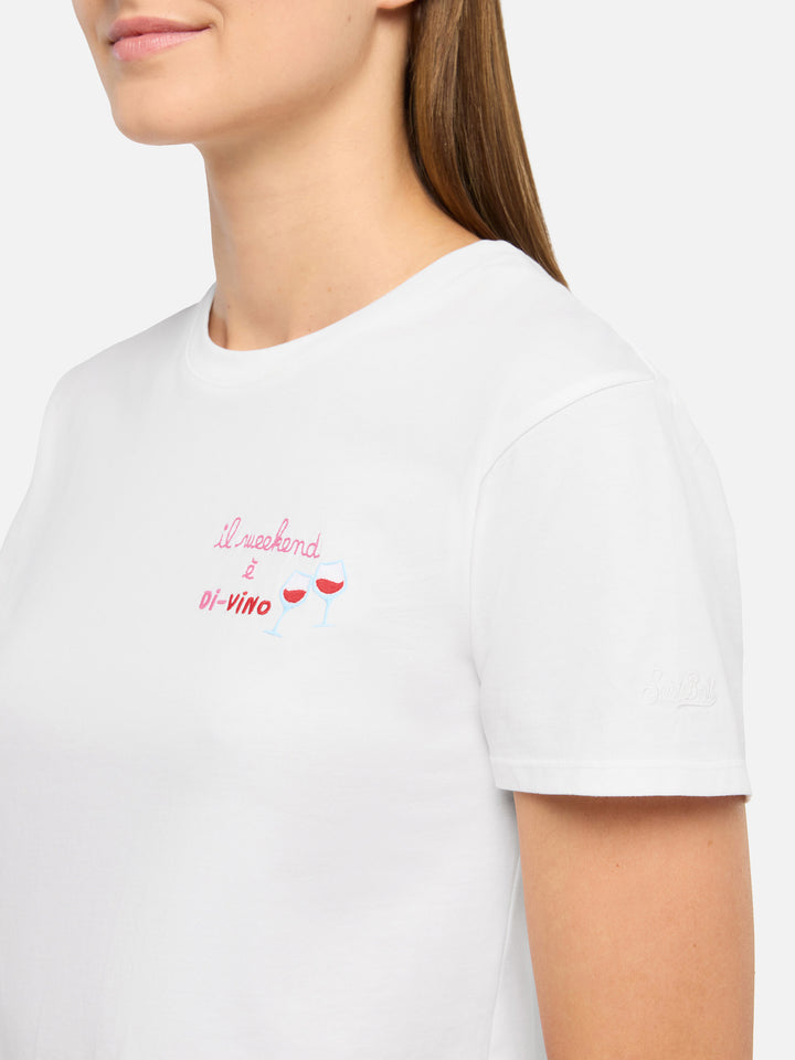 Emilie t-shirt in cotone con ricamo Il week-end è di-vino