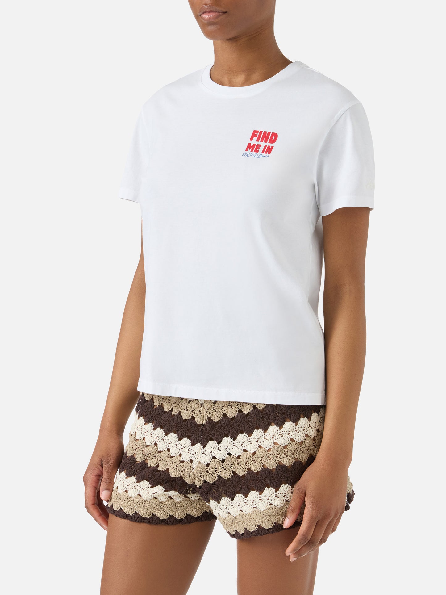 White Emilie T-shirt with Find Me in Vacation print