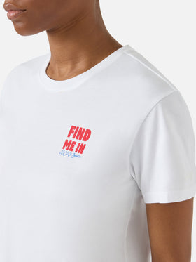 White Emilie T-shirt with Find Me in Vacation print