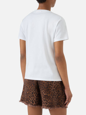 White Emilie T-shirt with Bollicine Queen embroidery and rhinestones