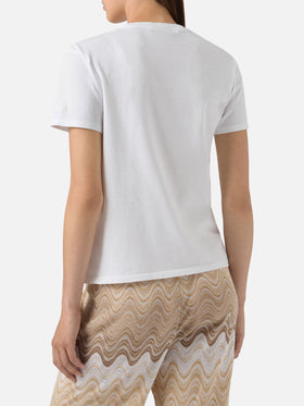 White Emilie T-shirt with Gin Tonic Addicted embroidery and rhinestones
