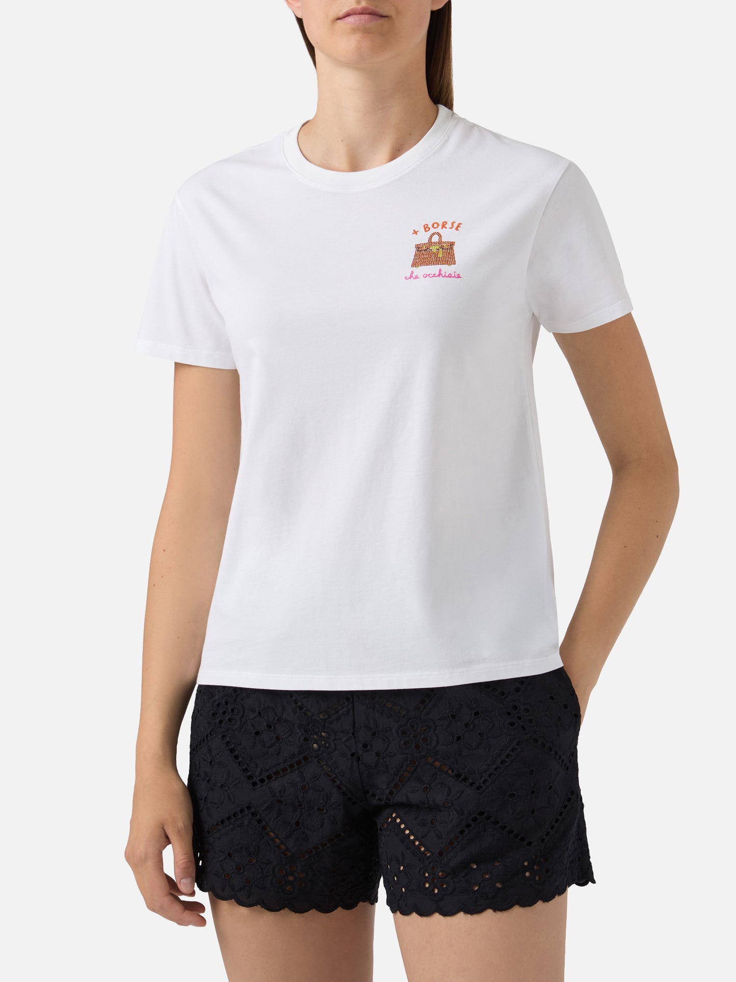 White Emilie T-shirt with + Borse che occhiaie embroidery and rhinestones