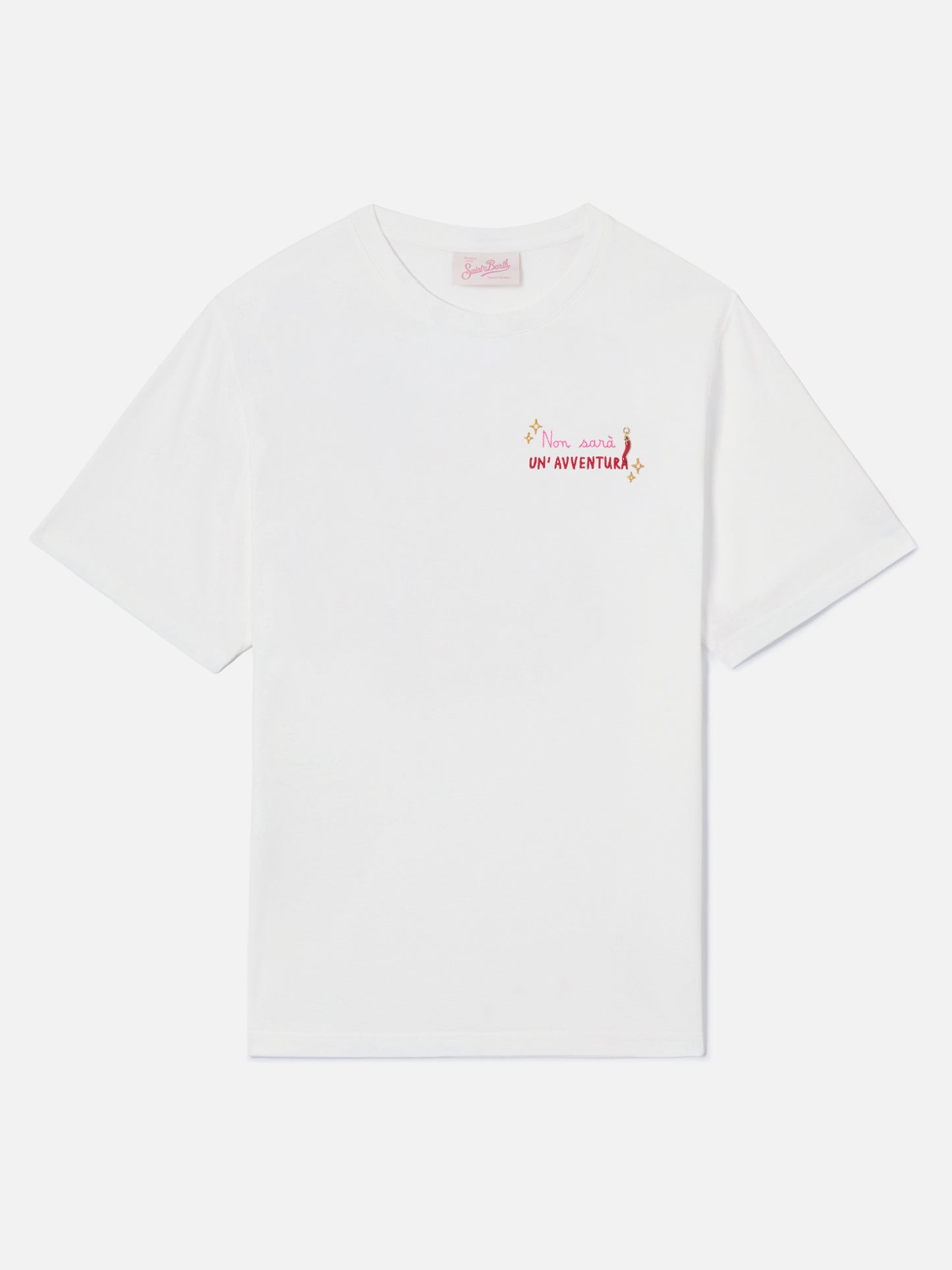 White Emilie T-shirt with Non sarà un'avventura embroidery and charm