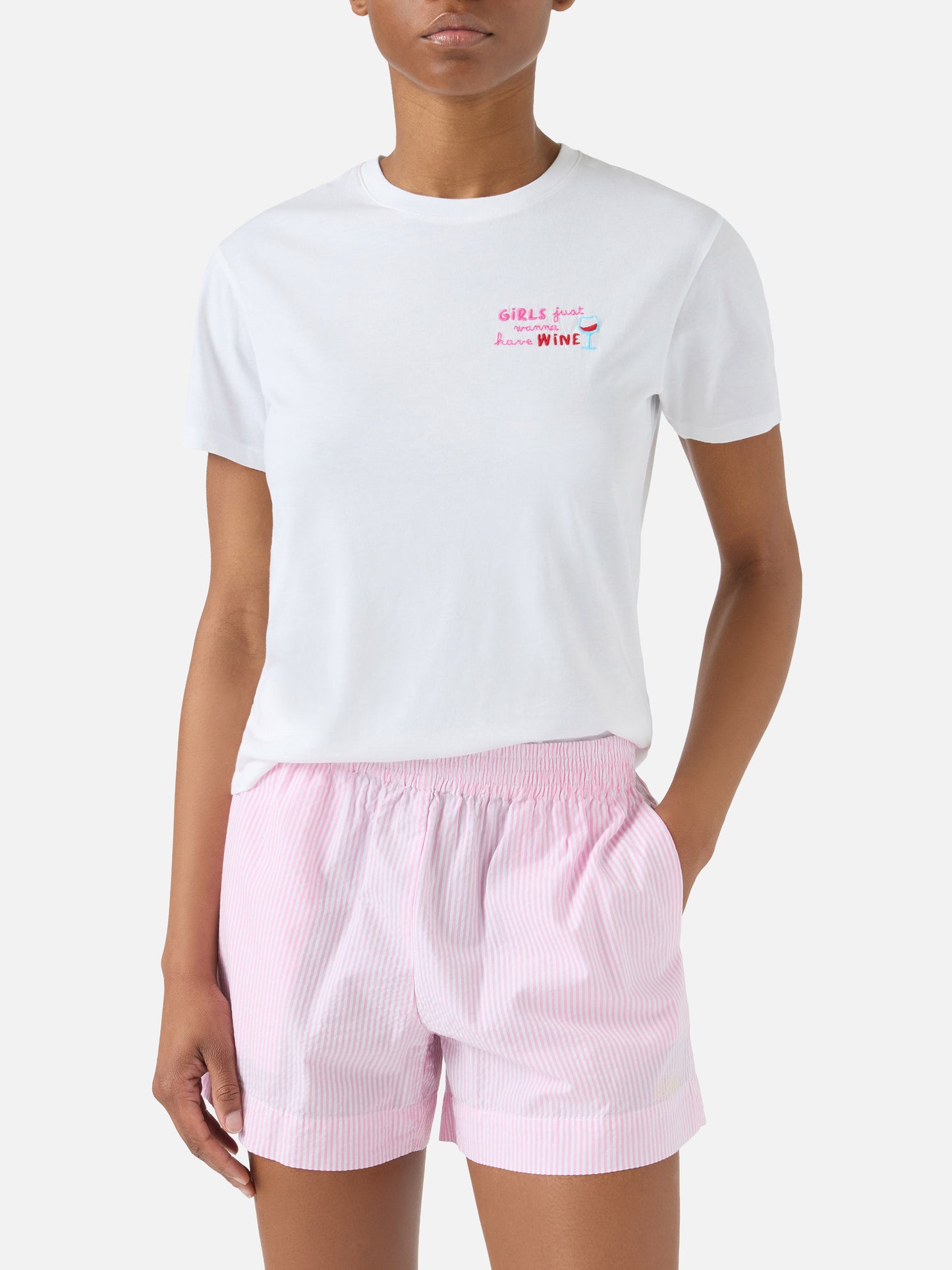 White Emilie T-shirt with Girls Just Wanna Have Wine embroidery