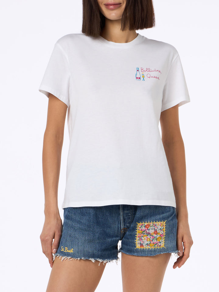 Woman white cotton jersey crewneck t-shirt Emilie with Bollicine Queen embroidery - MC2 Saint Barth