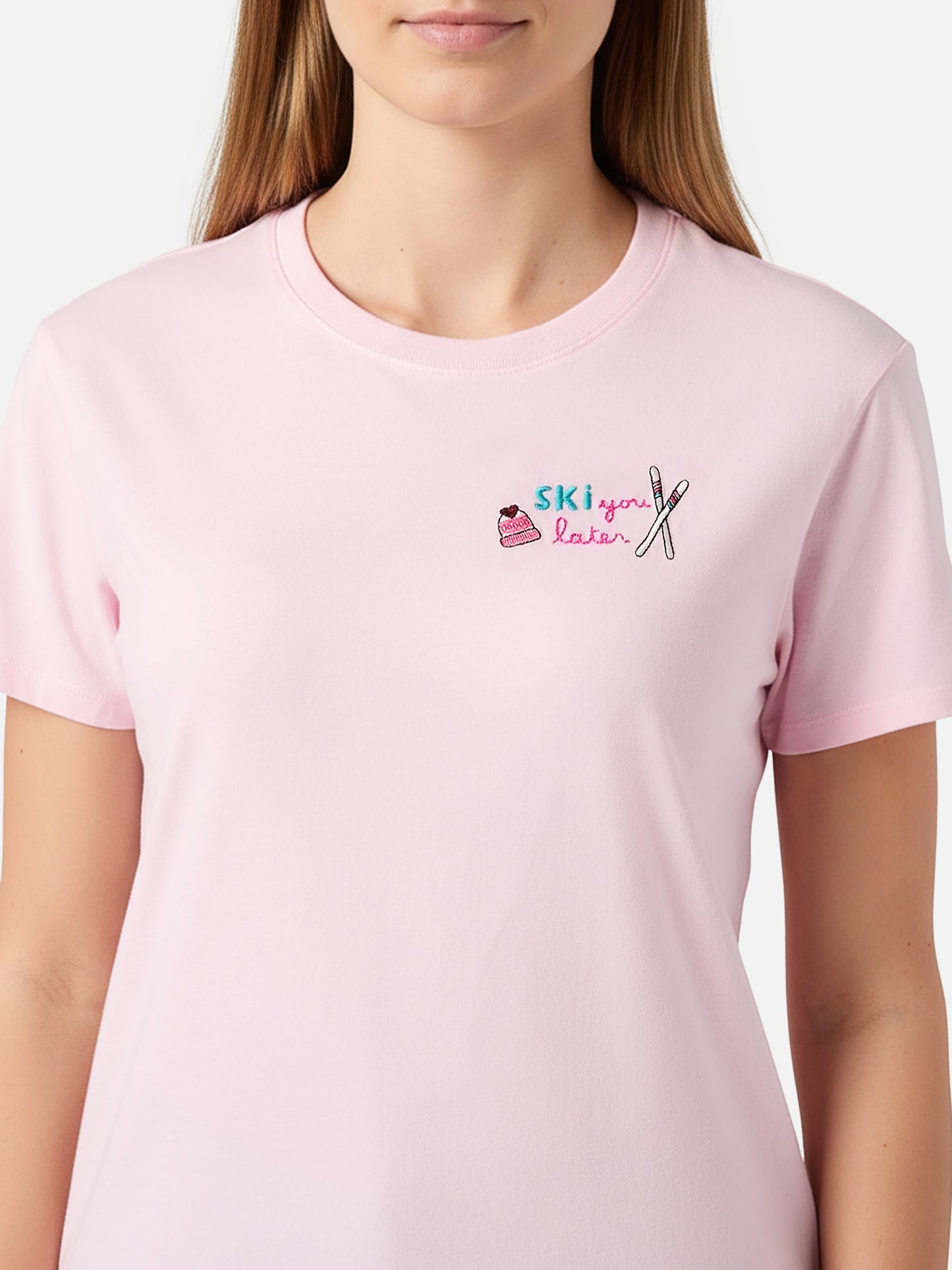 T-shirt Emilie in cotone rosa con ricamo Ski you later