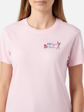 T-shirt Emilie in cotone rosa con ricamo Ski you later