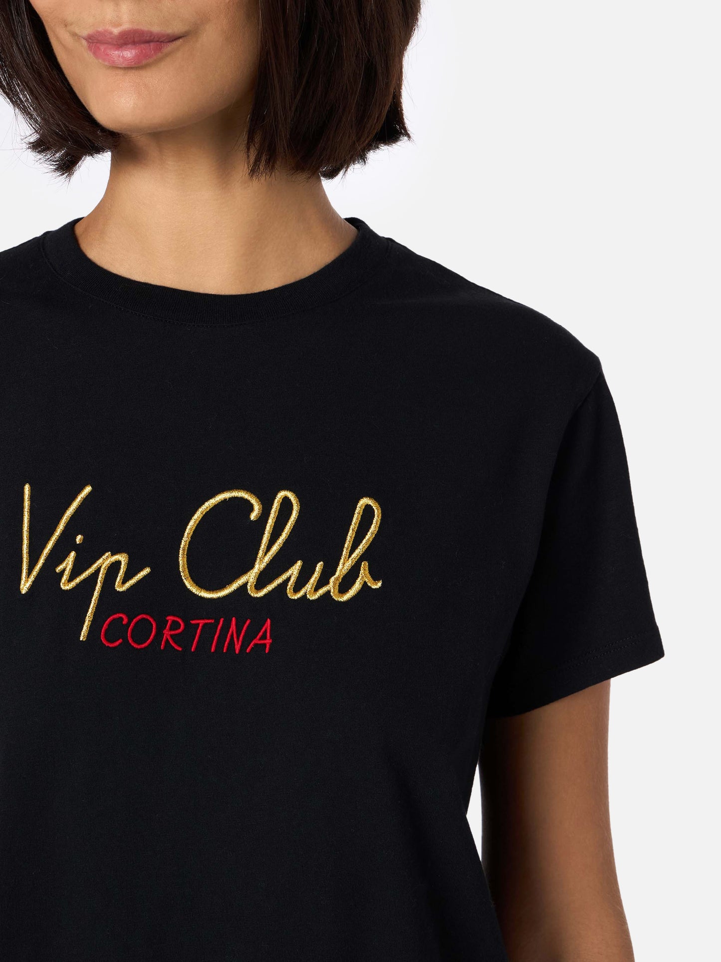 Schwarzes Damen-T-Shirt Emilie aus schwerer Baumwolle mit Vip Club Cortina-Stickerei | VIP CLUB CORTINA SPECIAL EDITION