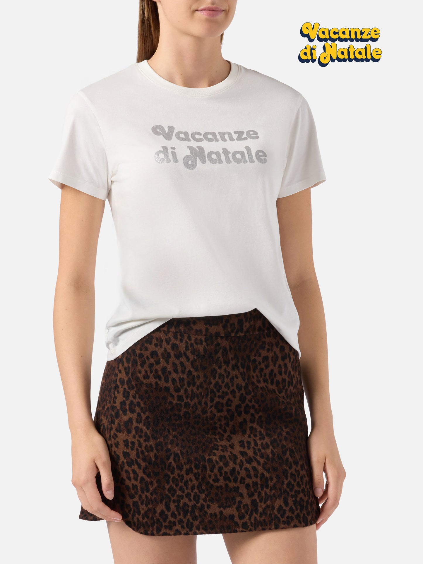 T-shirt Emilie in cotone bianco con applicazione glitter argento Vacanze di Natale | VACANZE DI NATALE SPECIAL EDITION