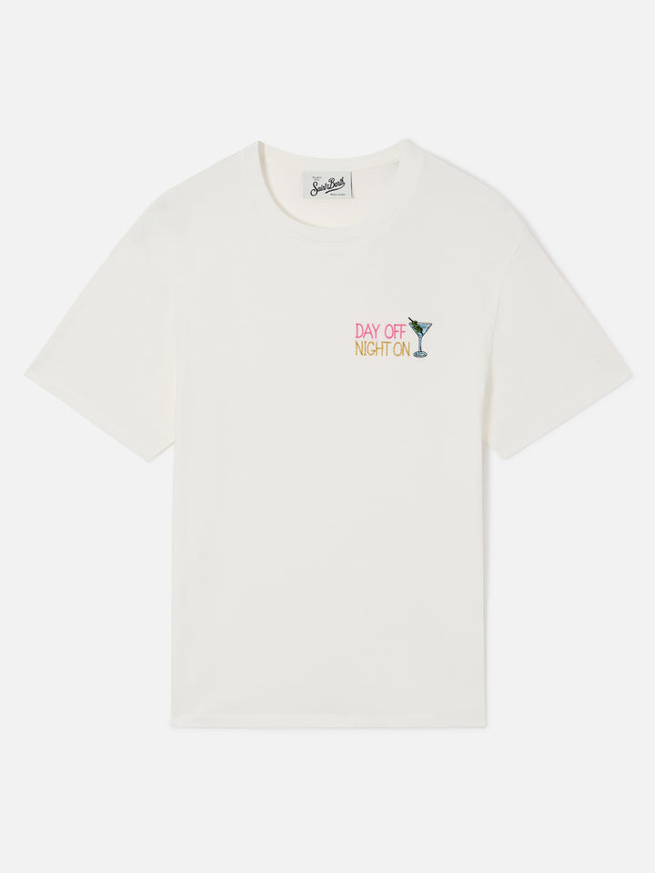 Emilie t-shirt in white with Day Off Night On embroidery