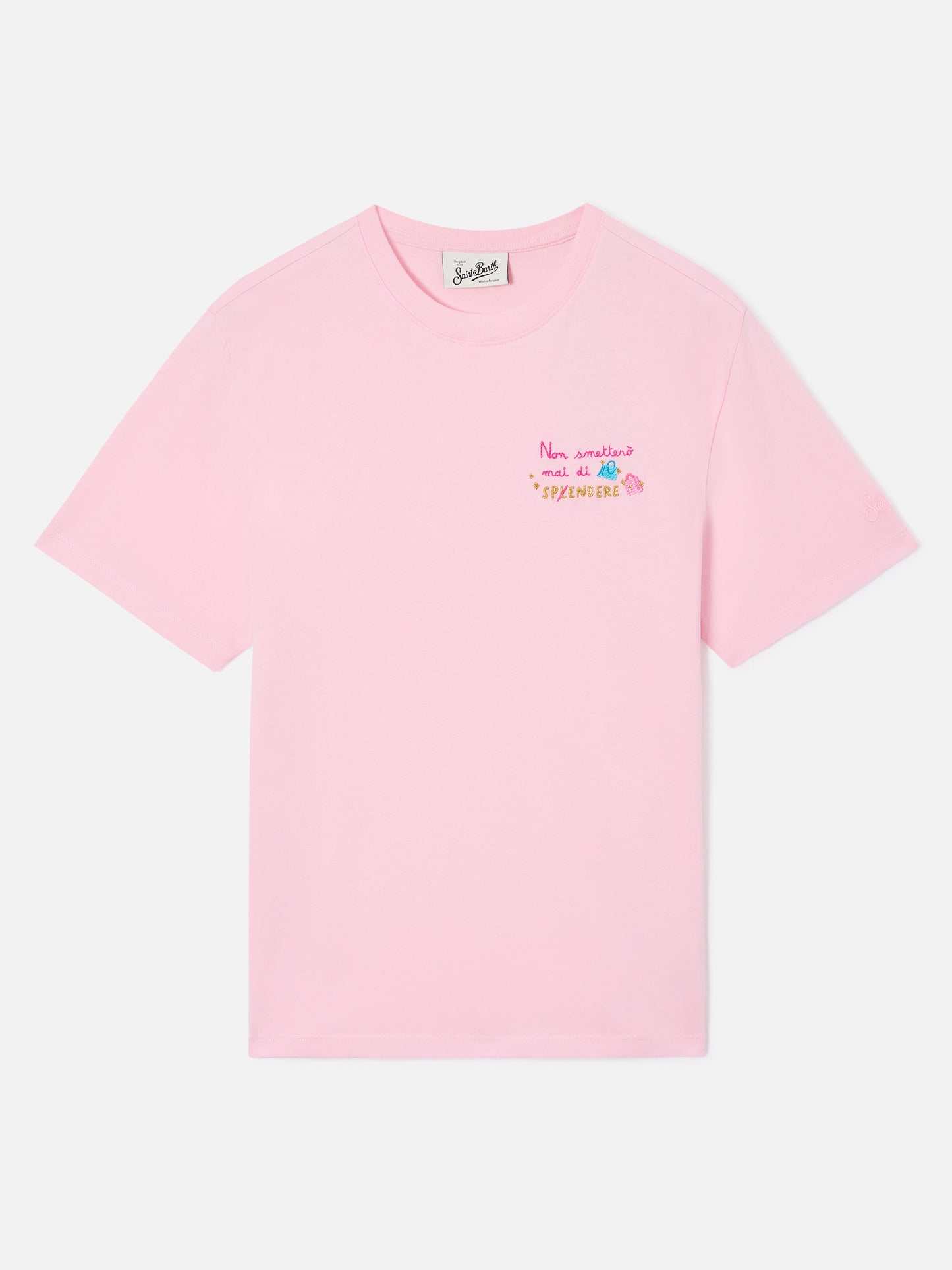 Emilie t-shirt in pink with Non smetterò mai di splendere embroidery
