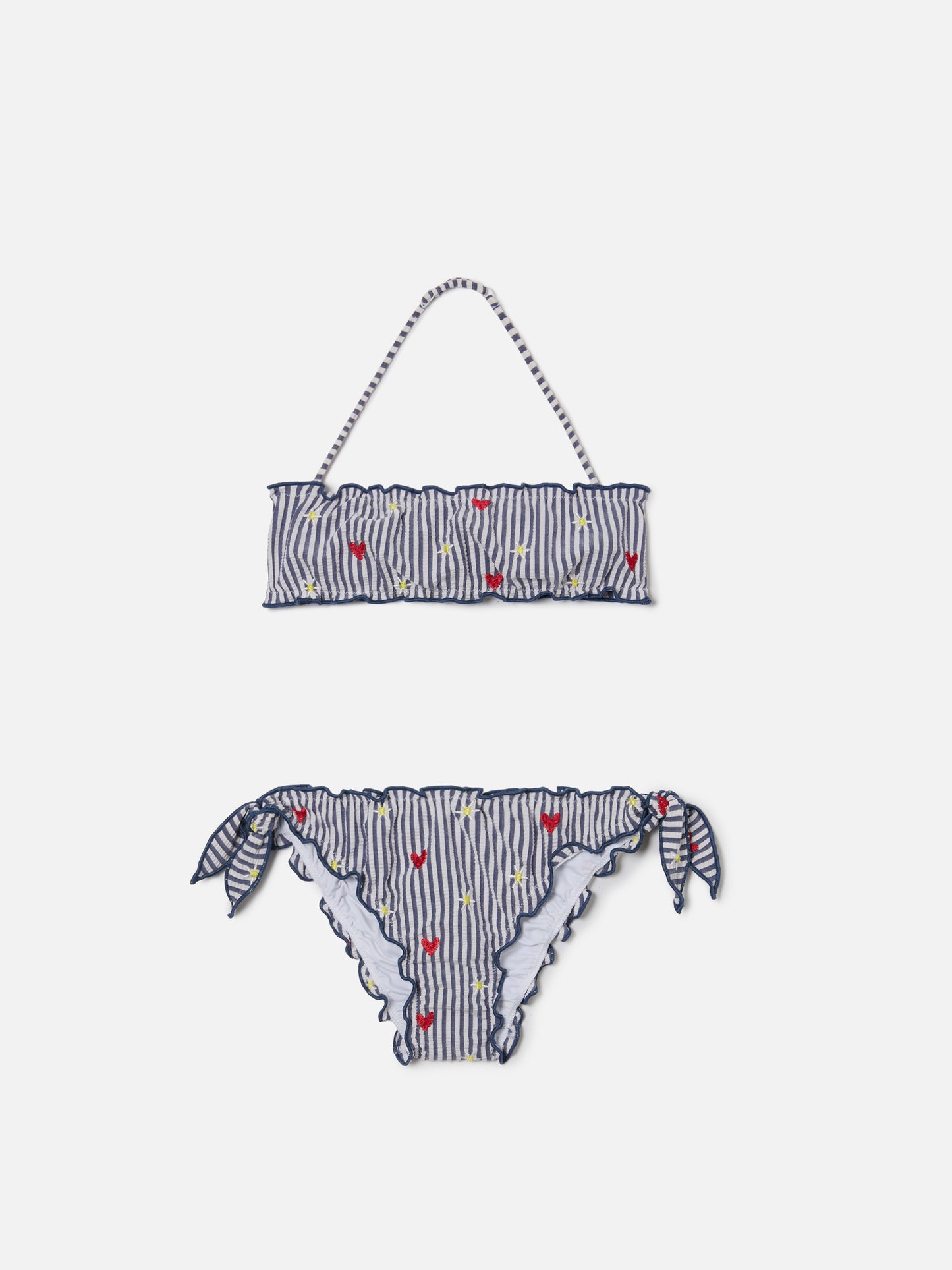 Emy white and navy striped seersucker embroidered bikini