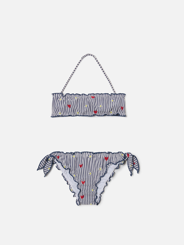 Emy white and navy striped seersucker embroidered bikini