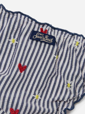 Emy white and navy striped seersucker embroidered bikini