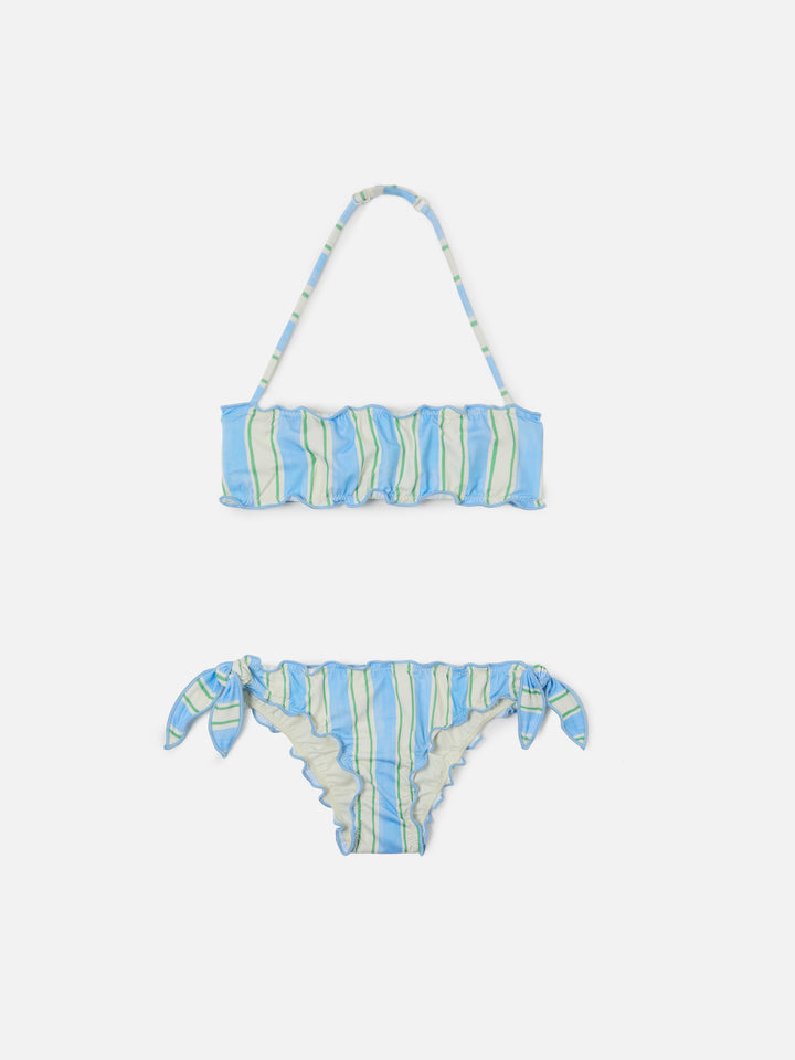 Emy white, light blue and green striped bikini with ruffled edges