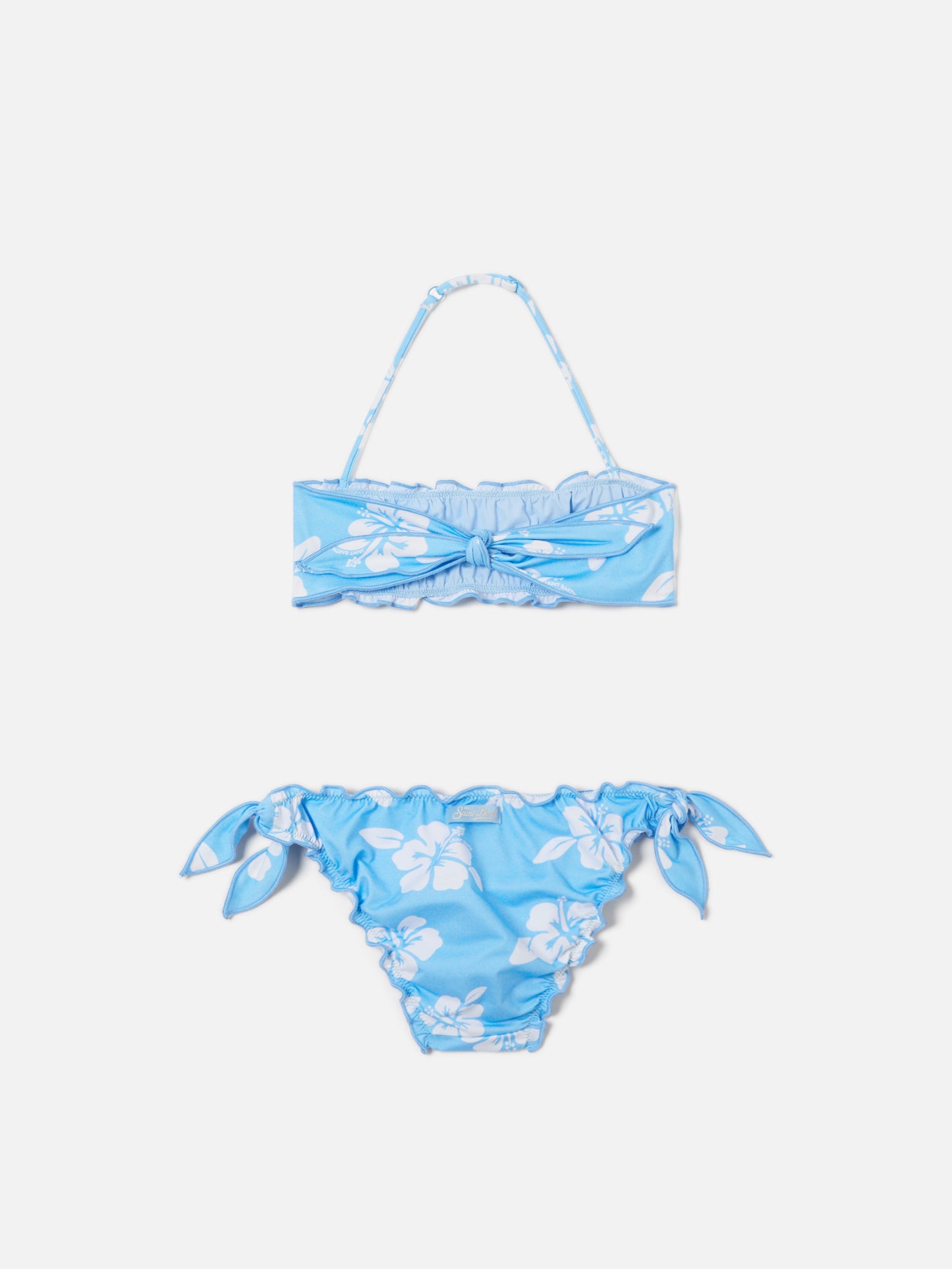 Bikini a fascia Emy azzurro con stampa ibisco