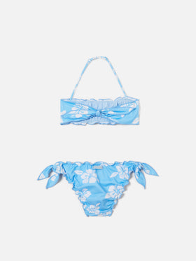 Bikini a fascia Emy azzurro con stampa ibisco